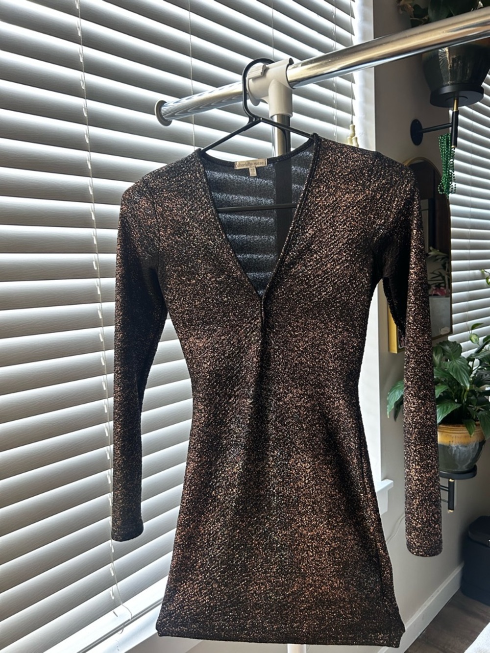 Charlotte Russ Sparkling Long Sleeve V-Neck Mini Dress
